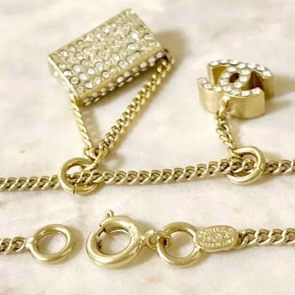 CHANEL CC Logos Rhinestone Bag Charm Bracelet 7.3" Gold Tone 05A Auth w/Box #100 - Picture 5 of 6